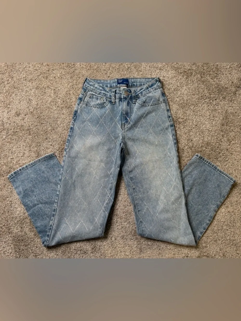 Girls Light Blue Quilted Rhinestone Pattern Jeans